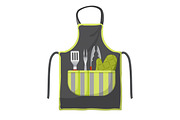 Black apron with various accessories in pocket for grill isolated