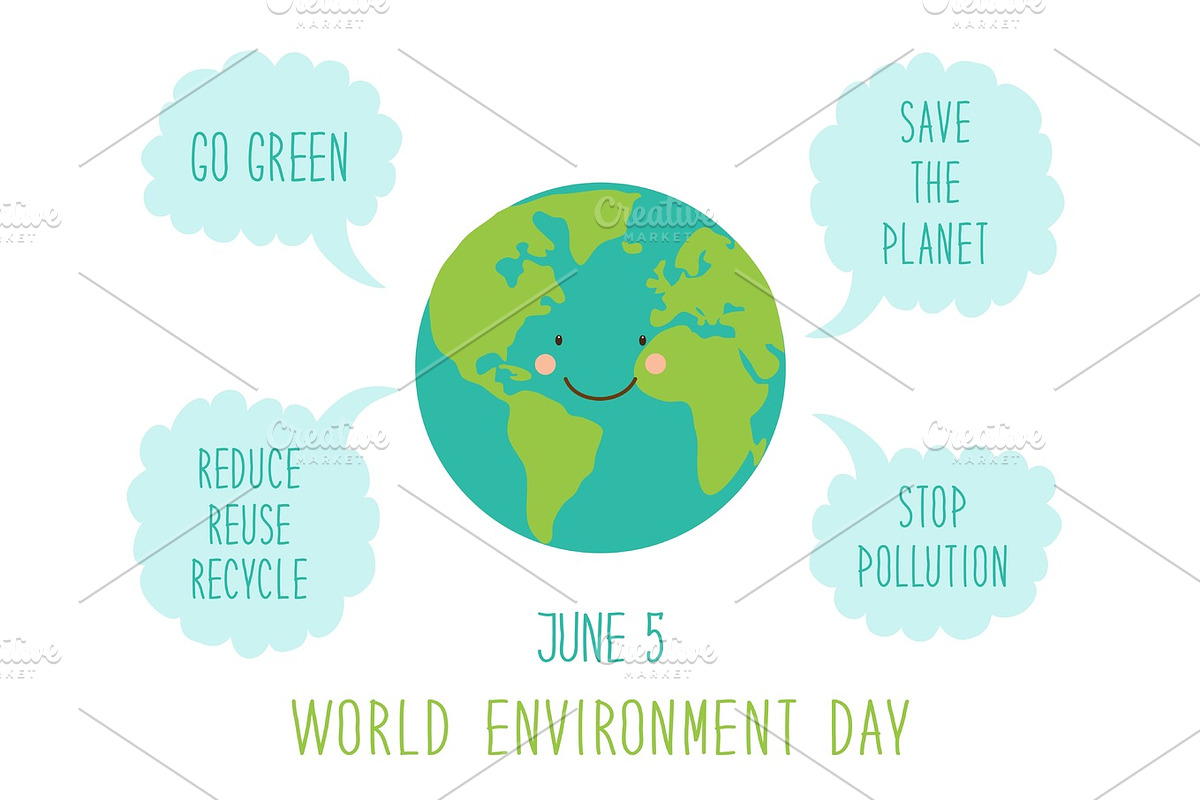 Cute hand drawn World Environment Day card with smiling character of the planet Earth in Illustrations - product preview 8