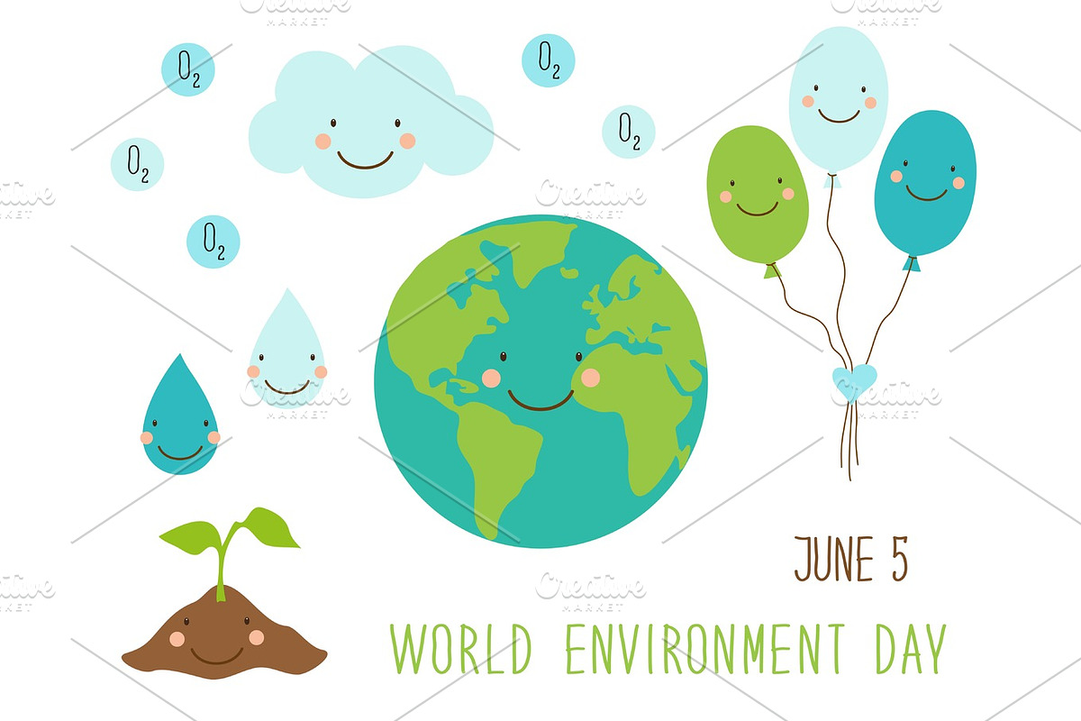 Cute hand drawn World Environment Day card with smiling character of the planet Earth in Illustrations - product preview 8