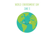 Cute hand drawn World Environment Day card with smiling character of the planet Earth