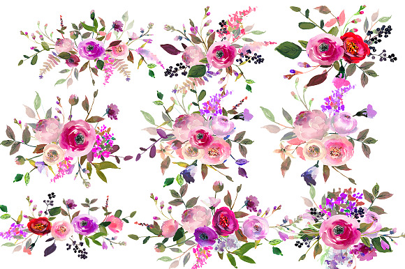 Pink Purple Watercolor Flowers Set in Illustrations - product preview 9