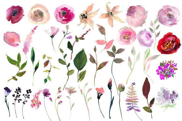Pink Purple Watercolor Flowers Set in Illustrations - product preview 10