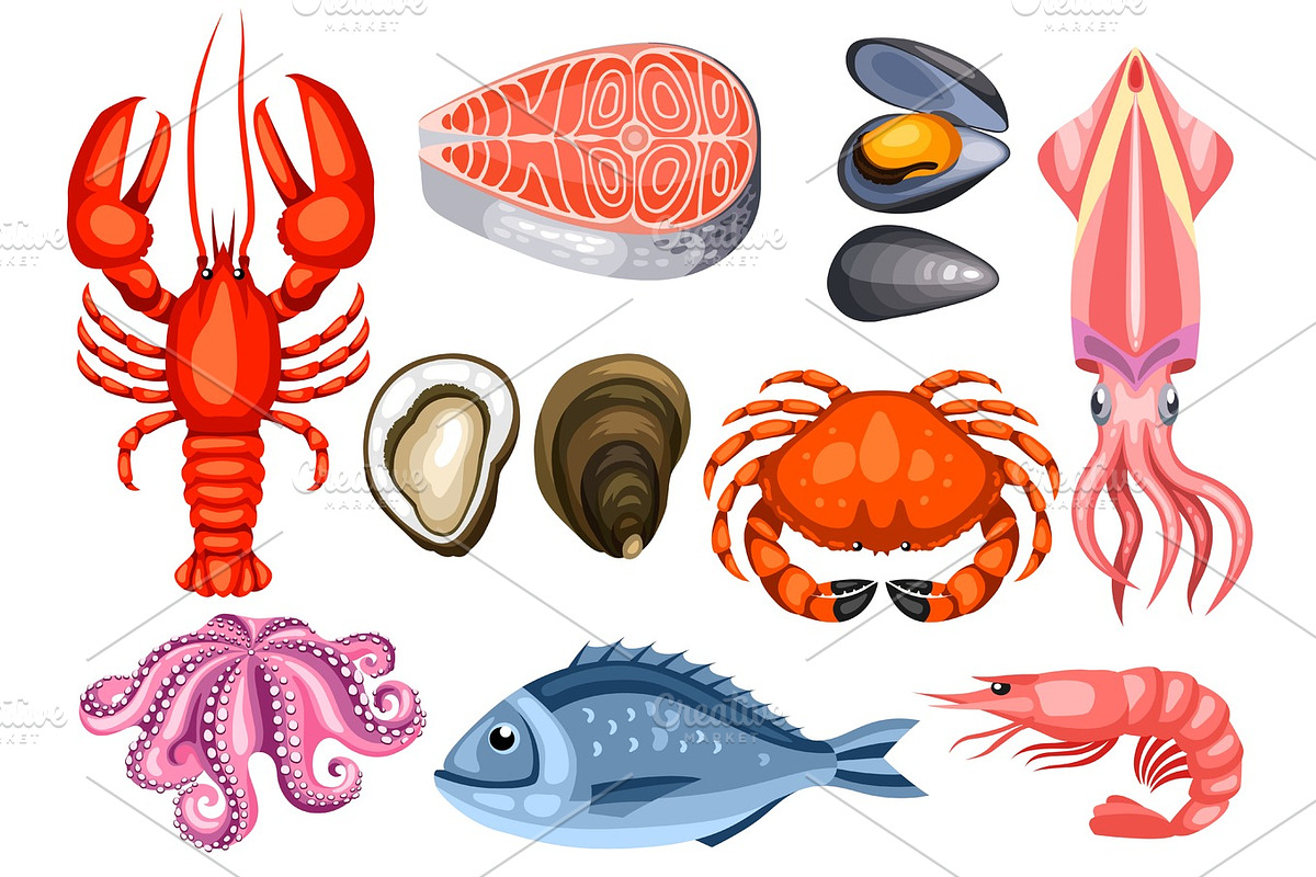 Various seafood set. Illustration of fish, shellfish and crustaceans in Objects - product preview 8