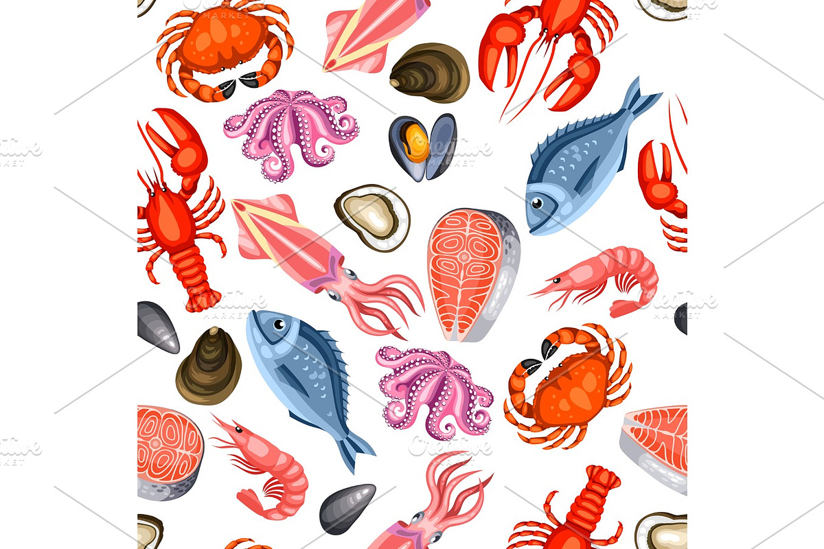 Seamless pattern with various seafood. Illustration of fish, shellfish and crustaceans in Patterns - product preview 8