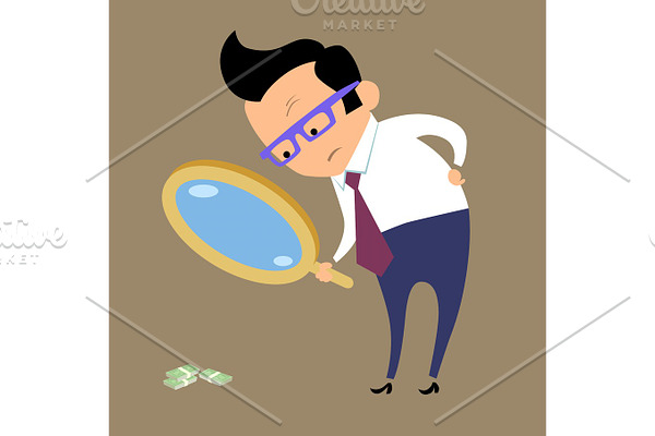 Businessman looking for money in magnifying glass