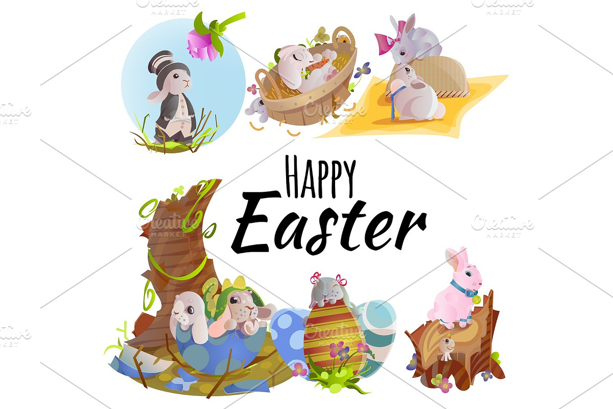 Set of easter chocolate egg hunt bunny basket on green grass decorated flowers, rabbit funny ears, happy spring holiday tradition greeting card or banner collection vector illustration background1 in Illustrations - product preview 8
