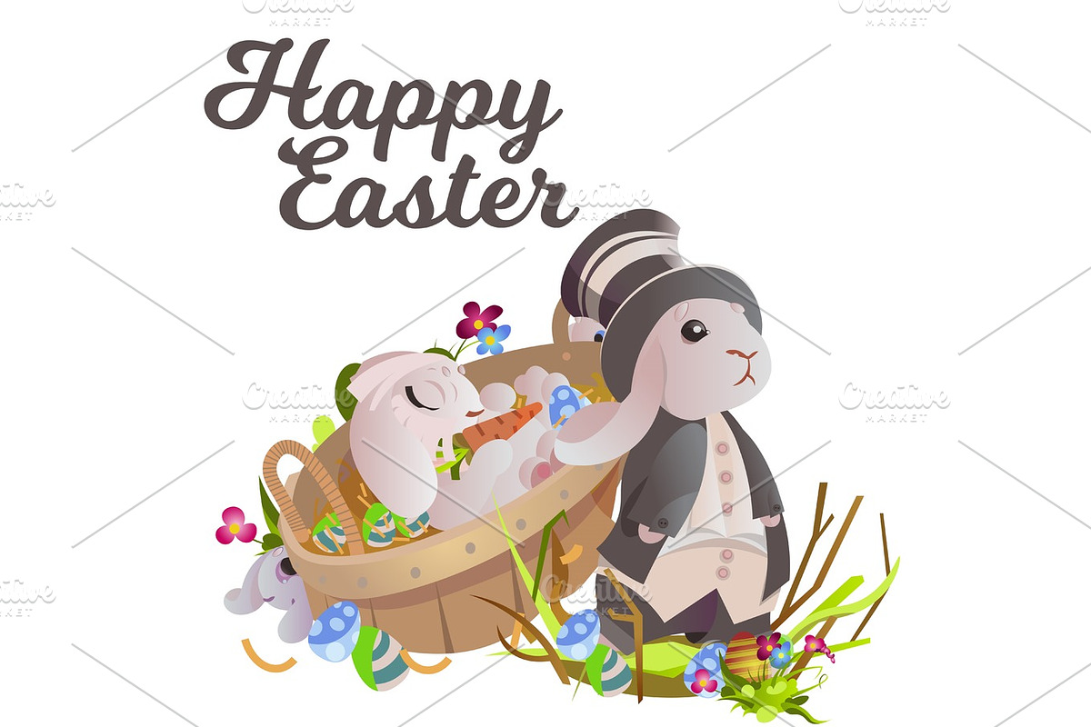 Set of easter chocolate egg hunt bunny basket on green grass decorated flowers, rabbit funny ears, happy spring season holiday tradition greeting card banner collection vector illustration background in Illustrations - product preview 8