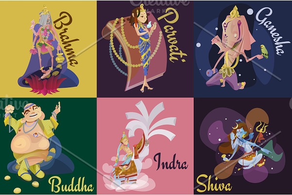 Set of isolated Indian Gods meditation in yoga poses lotus and Goddess hinduism religion, traditional asian culture spiritual mythology, deity worship festival vector illustrations, T-shirt concepts