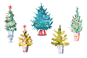 Watercolor Set of 5 Christmas trees