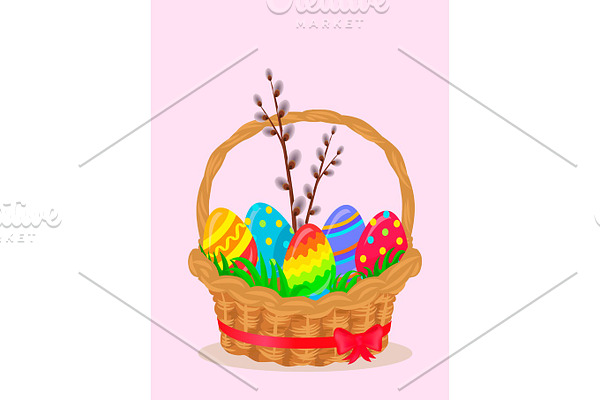 Paschal Wicker Basket With Easter Eggs Vector