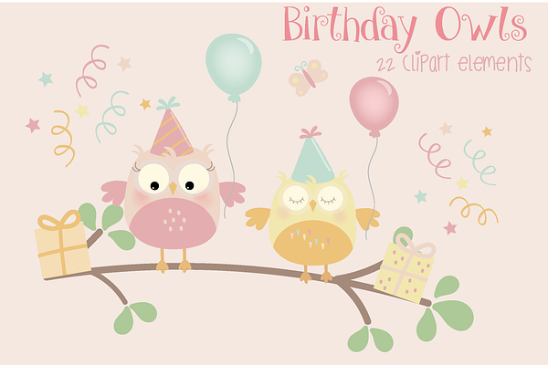 Birthday owls -girls clipart
