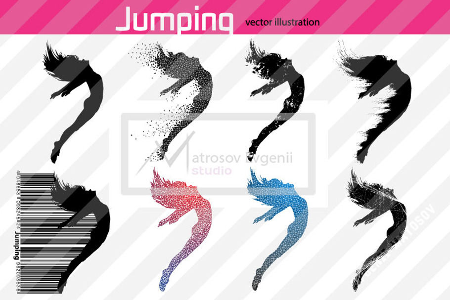 Silhouette of a girl. Jumping. Set