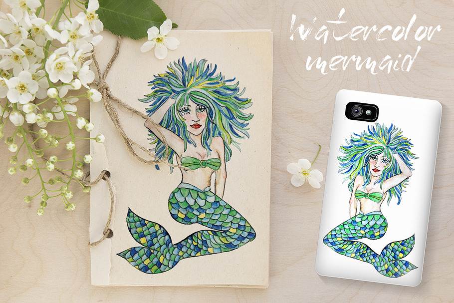 Watercolor mermaid in Illustrations - product preview 8