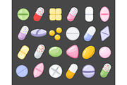 Medicine cartoon pill, drug, table, antibiotics, medication dose cartoon flat style icons.