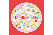 Tablet design of different colorful pills.Medicine painkiller pills, pharmaceutical antibiotics drugs vector. Set of color pills, illustration of antibiotic and vitamin pill. vector illustration