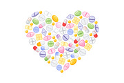 Different colorful medical pills capsules and tablets in heart. Medications collection. vector illustration in flat style.