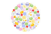 Different colorful medical pills capsules and tablets in round design. Medications collection. vector illustration in flat style.