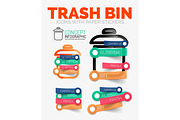 Vector diagram elements set of trash or garbage bin icons with plastic paper style stickers for text