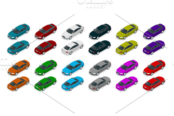 Flat 3d isometric high quality city sedan car icons set. Set of urban public transport. For infographics.