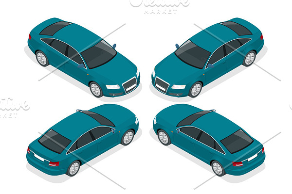 Flat 3d isometric high quality city sedan car icons set. Set of urban public transport. For infographics.