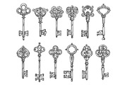 Vintage keys vector isolated icons sketch set