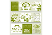 Olive oil and olives product vector banners