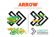 Vector arrow linear style icons, 3d cut out relief with sticker - buttons