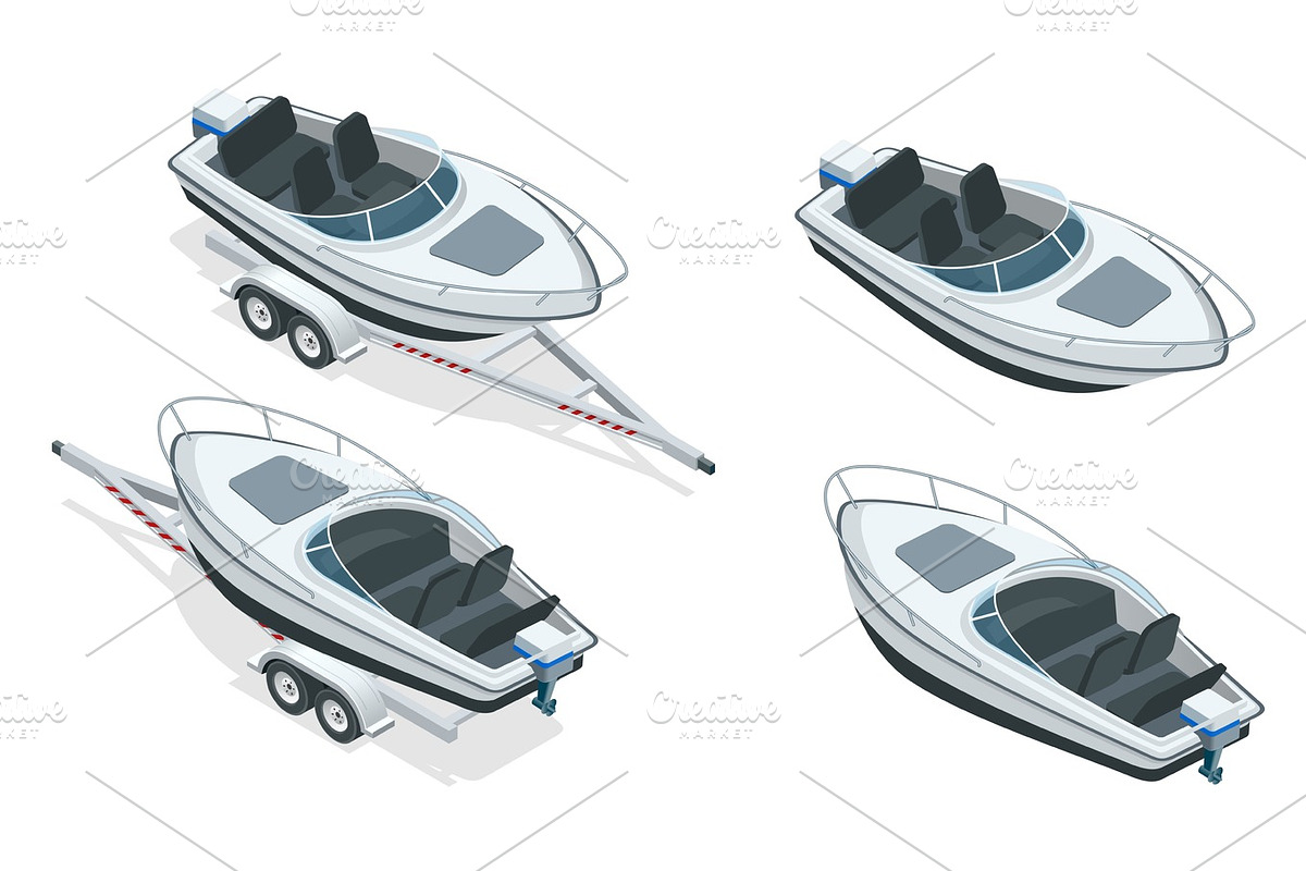 Boat or cutter on a trailer. The launching of a small motor boat at a ramp. Flat 3d isometric high quality water transport in Objects - product preview 8