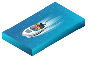 A luxurious powerboat with man and woman cruising through beautiful blue waters. Flat 3d vector isometric illustration