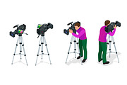 Professional digital video camera and Cameraman. Flat 3d isometric illustration for infographics and design. Camcorders and Equipment.