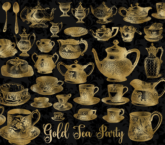 Gold Vintage Tea Clipart in Objects - product preview 1