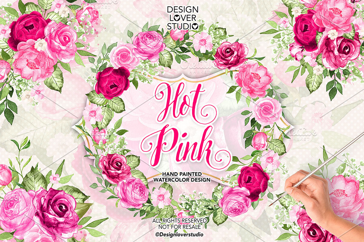 Watercolor HOT PINK Wreath/arrangeme in Illustrations - product preview 8