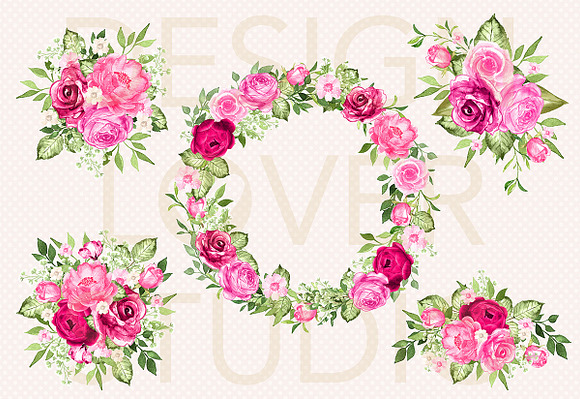 Watercolor HOT PINK Wreath/arrangeme in Illustrations - product preview 1
