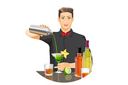 Male bartender making cocktail vector flat realistic picture