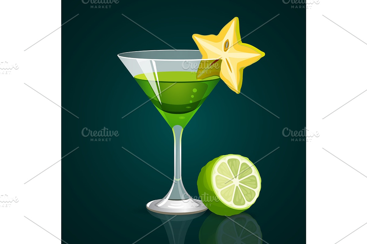 Green cocktail with lime part below on dark background in Illustrations - product preview 8