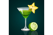 Green cocktail with lime part below on dark background