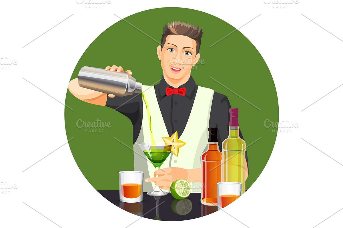 Male bartender making cocktail vector flat realistic picture in Illustrations - product preview 8