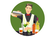 Male bartender making cocktail vector flat realistic picture