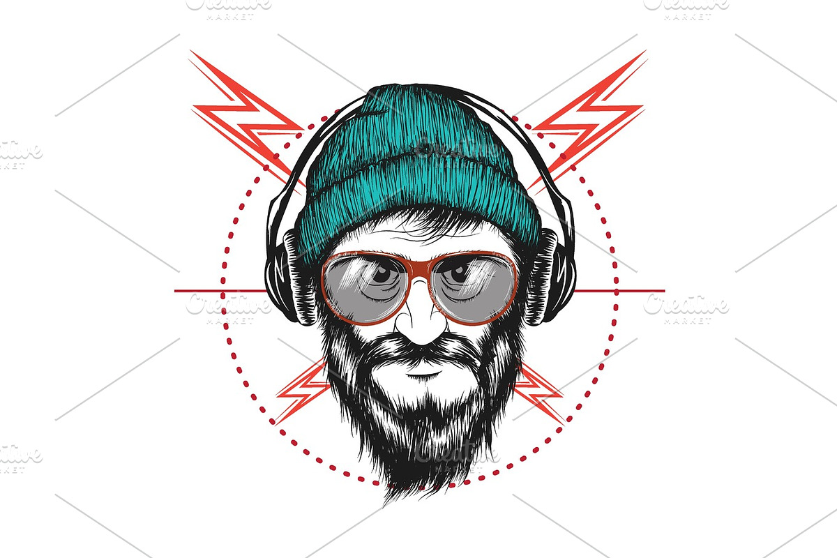 bearded man listening a music in headphones in Illustrations - product preview 8