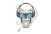 smiling skull listening a music in headphones