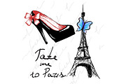 Vintage poster with woman shoe and eiffel tower