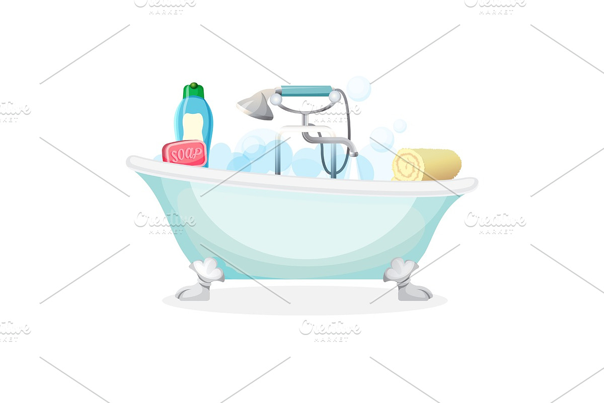 Bath tub isolated full of foam with bubbles in Illustrations - product preview 8