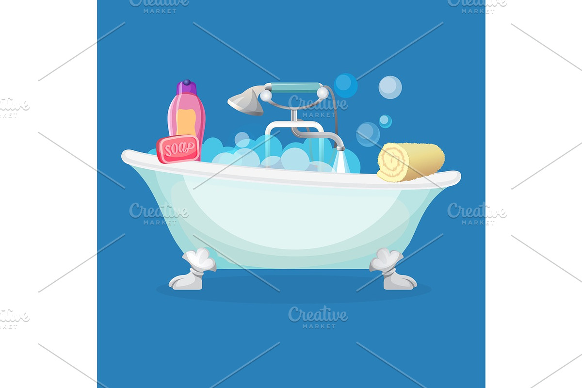 Bath tub isolated full of foam with bubbles in Illustrations - product preview 8