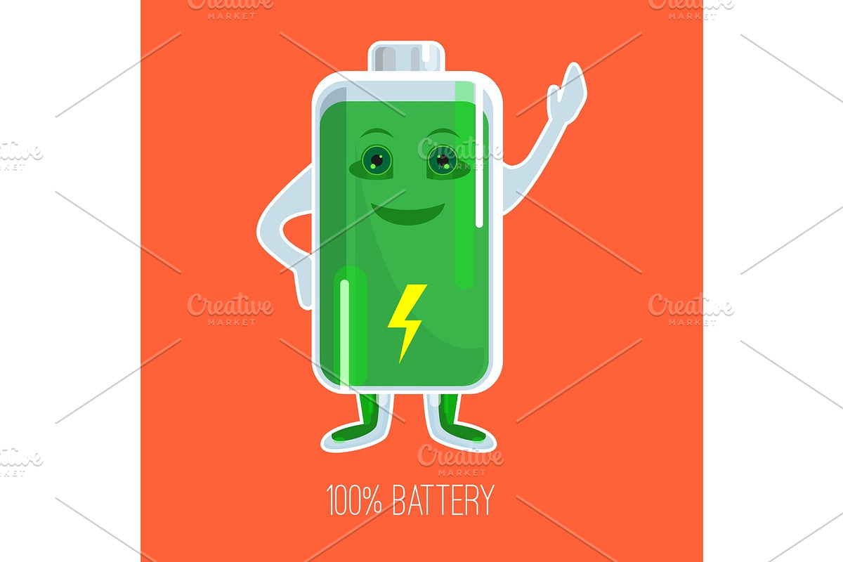 Cute full charged battery cartoon character with hands and face in Illustrations - product preview 8
