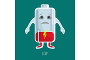 Low charged battery cartoon character with hands and face