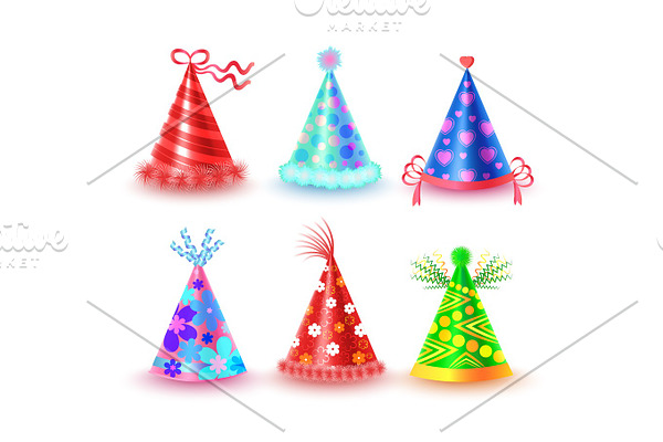 Decorated Colorful Party Hats Vector Icons Set