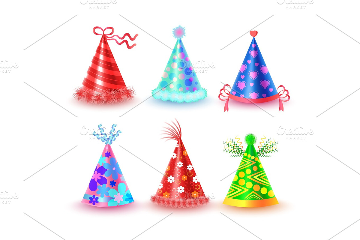 Decorated Colorful Party Hats Vector Icons Set in Objects - product preview 8