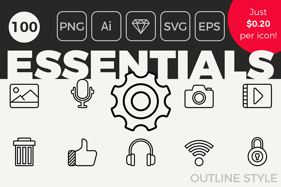 100 Essential Icons - Outline Style