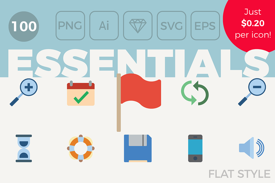 100 Essential Icons - Flat Style