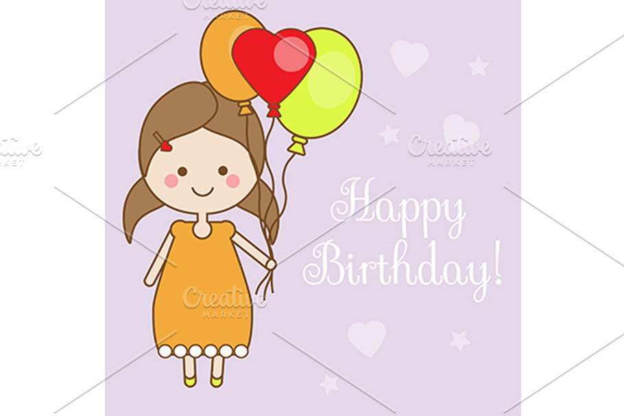 Birthday Card with pretty cute girl in Postcard Templates - product preview 8